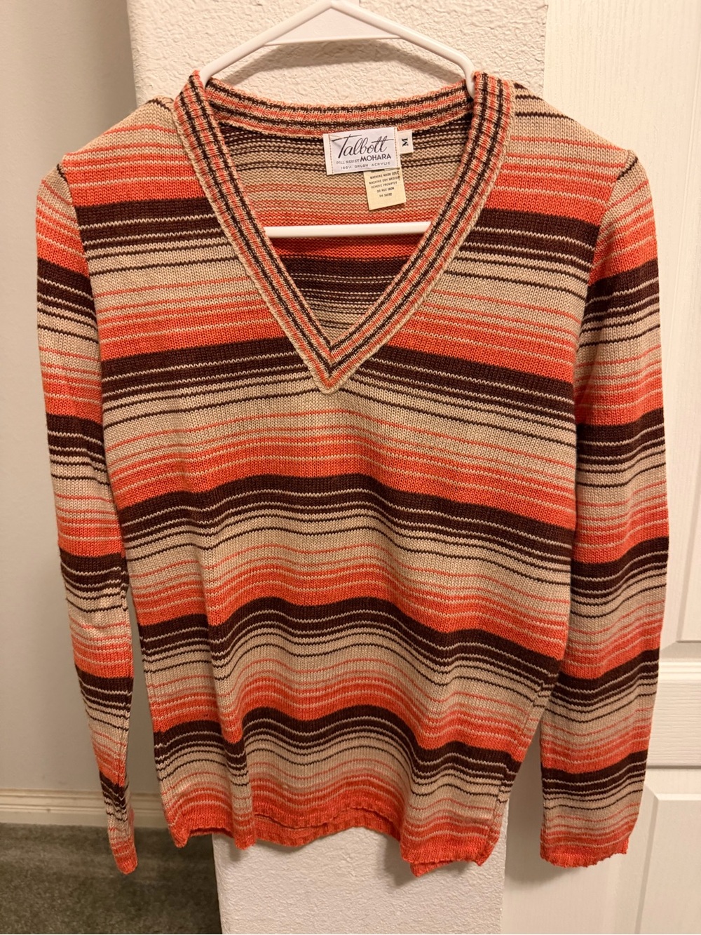 Robert Talbott Women's V-Neck Striped Sweater in Orange, Brown and Cream